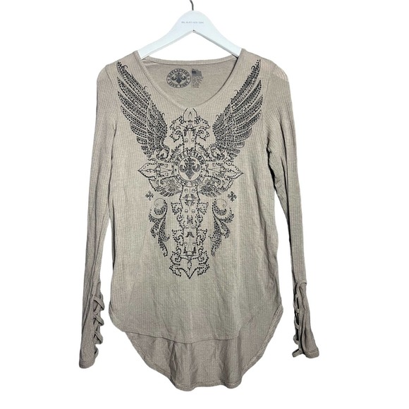Affliction Womens Embellished Long Sleeve Tan Top Sz Small - Picture 1 of 6